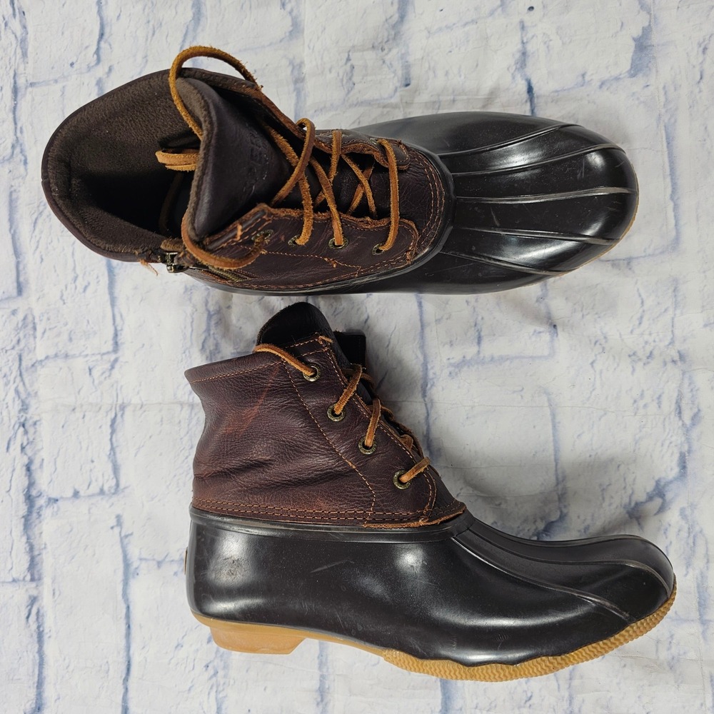 Sperry Saltwater Duck Boots Womens 9 Brown Leather Rubber Waterproof Rain Winter